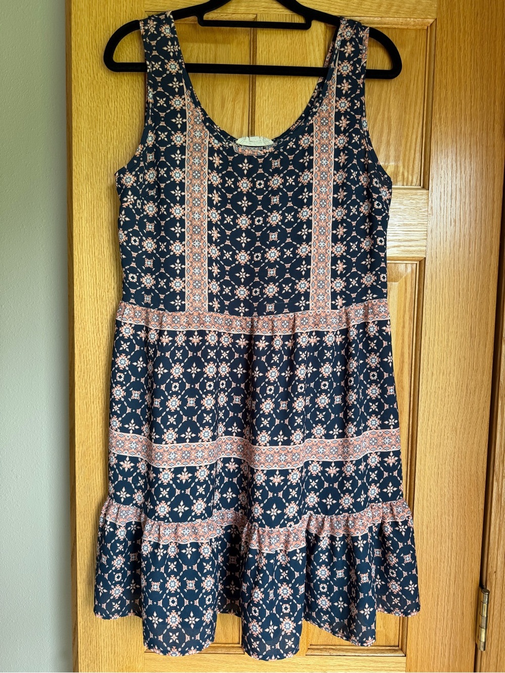 Sweet Journey Boho Tiered Mini Dress Sleeveless Geometric Print Navy Orange
